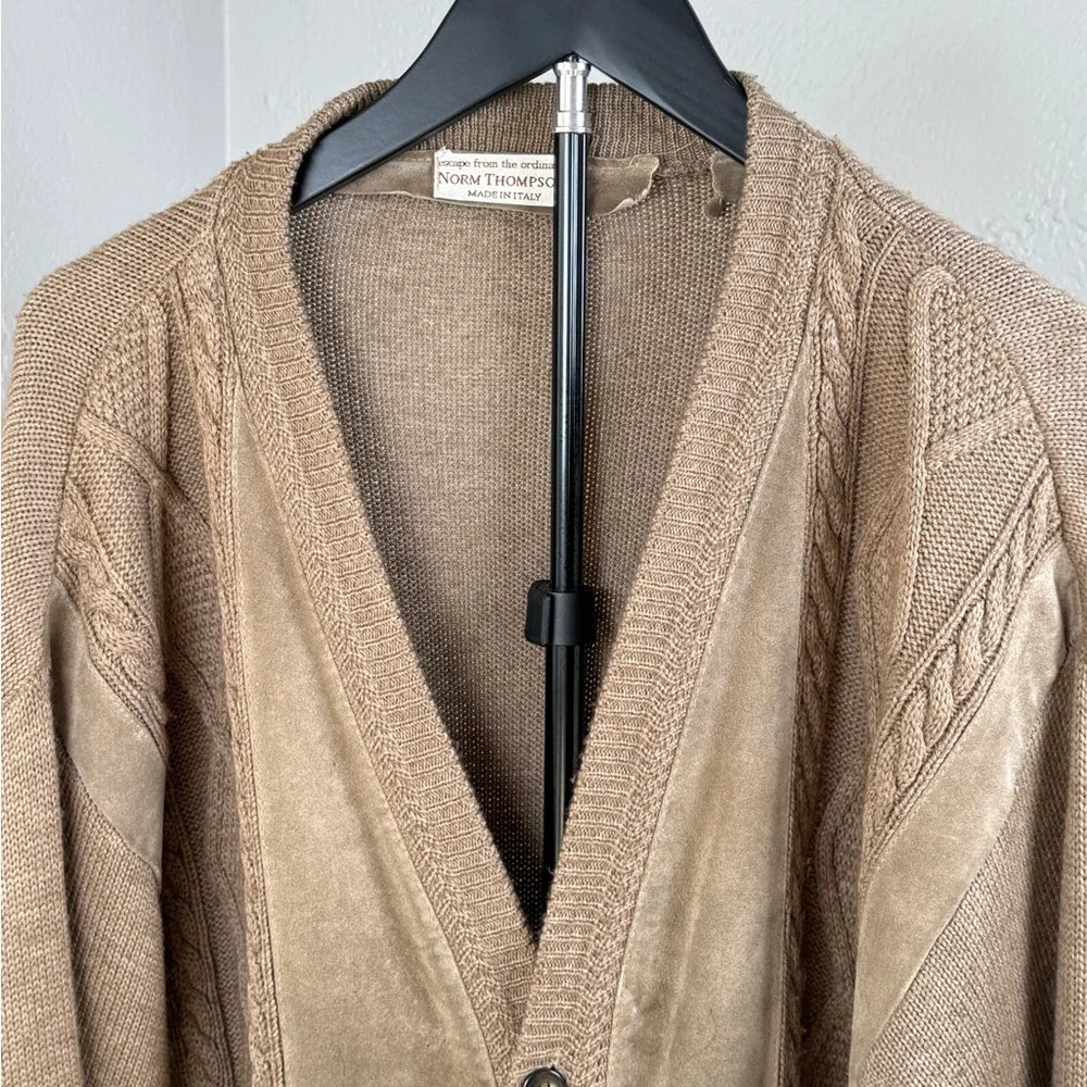 Norm Thompson Tan Suede Trim Wool Cable Knit Grandpa Cardigan Vintage Size L